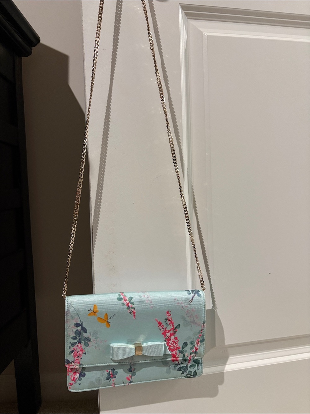 Ted Baker Light Blue Floral Crossbody with Bow and Gold Chain